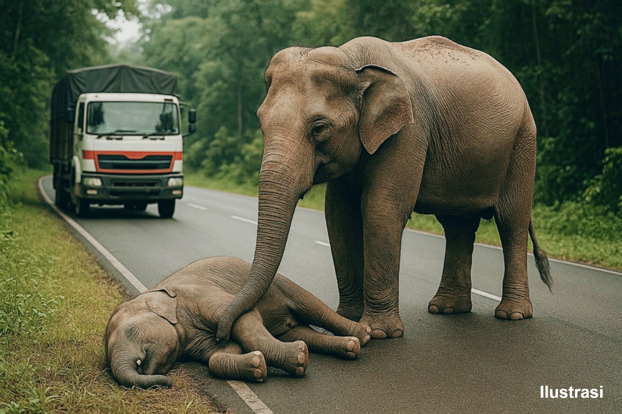 Kisah Haru Induk Gajah: Terus Mendampingi Jasad Anaknya yang Tewas Terlindas Truck